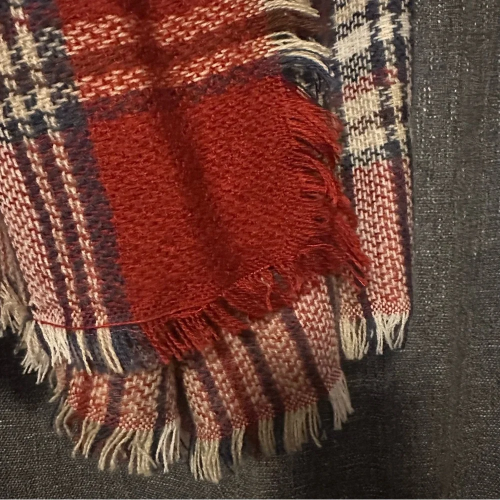 Red, White Blue Plaid Striped Oversized Blanket‎ Scarf, Fringed Edges
